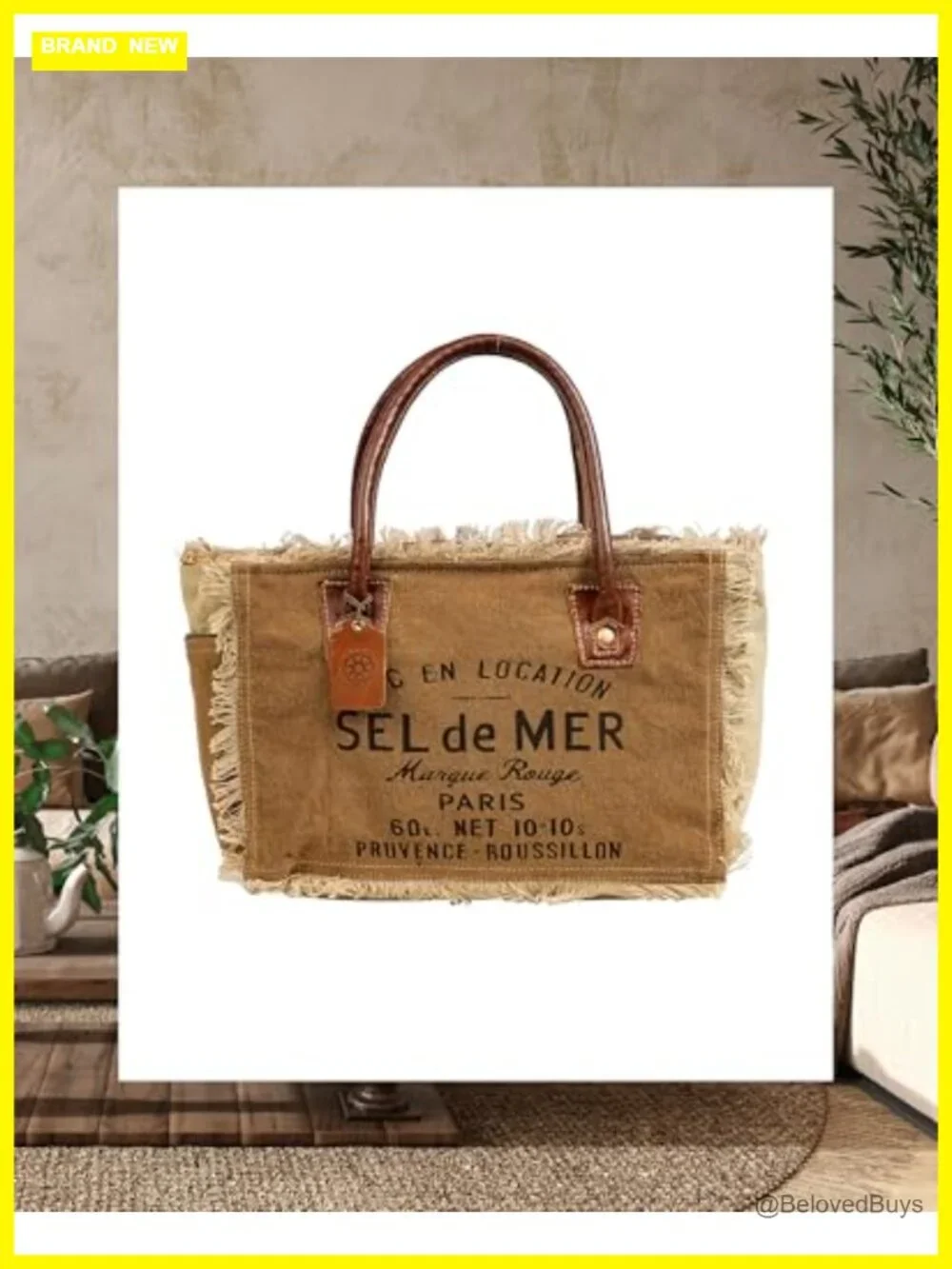 Canvas Tote Bag with Buffalo Leather Strap Hobo Shoulder Handbag